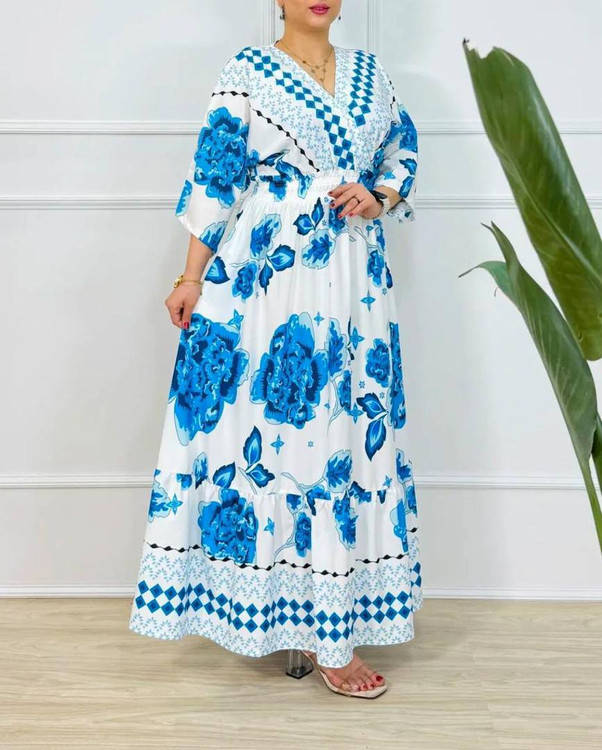 پیراهن بلند زنانه چپ و راستی با گلهای درشت | شیک و راحت