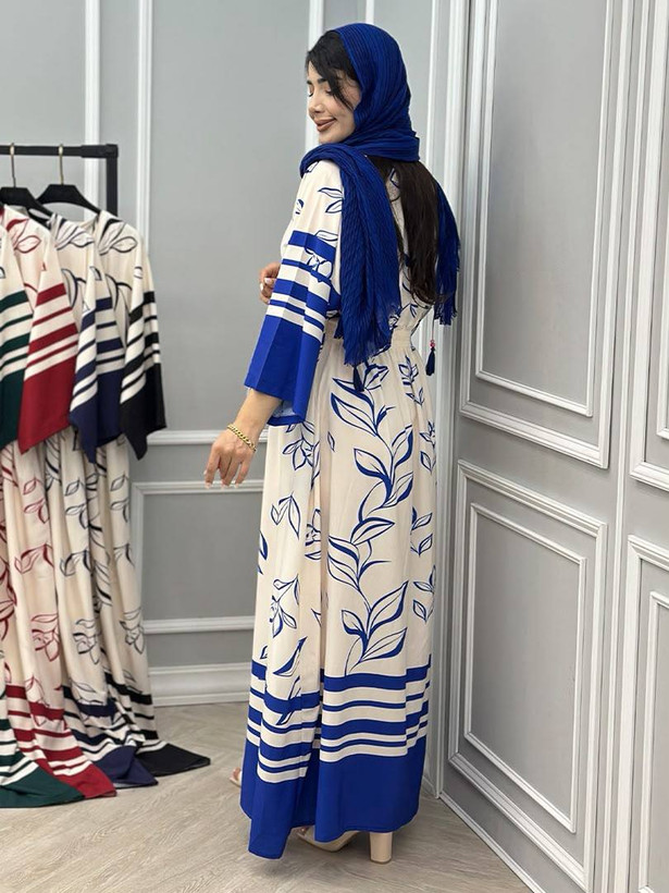 پیراهن ماکسی زنانه طرح برگ آستین کیمونو