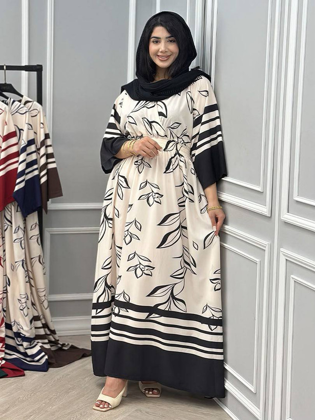 پیراهن ماکسی زنانه طرح برگ آستین کیمونو