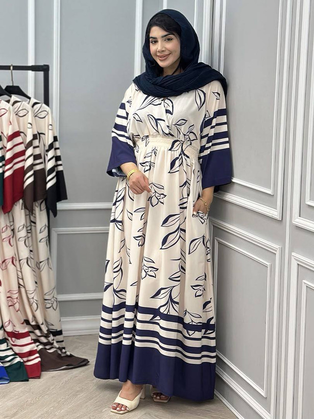 پیراهن ماکسی زنانه طرح برگ آستین کیمونو