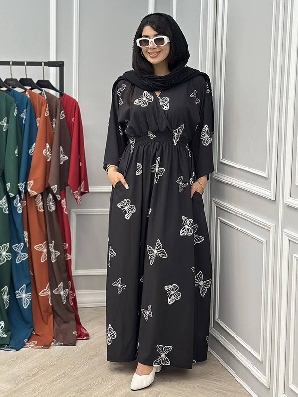 پیراهن ماکسی زنانه طرح پروانه مدل کمرکش فیری سایز