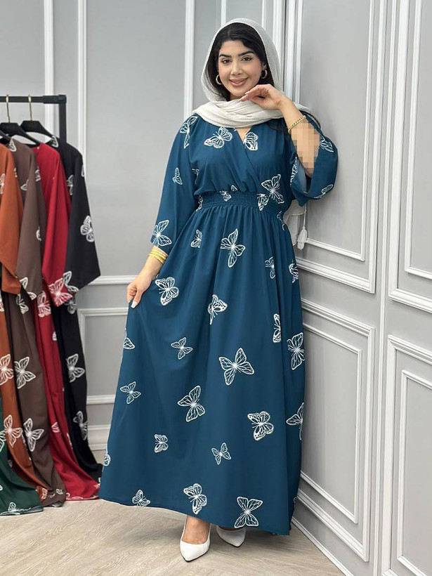 پیراهن ماکسی زنانه طرح پروانه مدل کمرکش فیری سایز