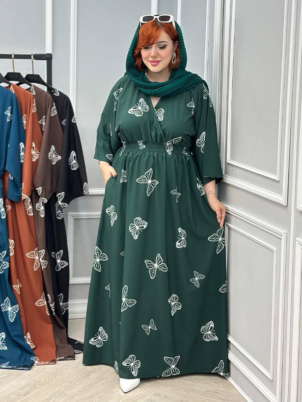 پیراهن ماکسی زنانه طرح پروانه مدل کمرکش فیری سایز
