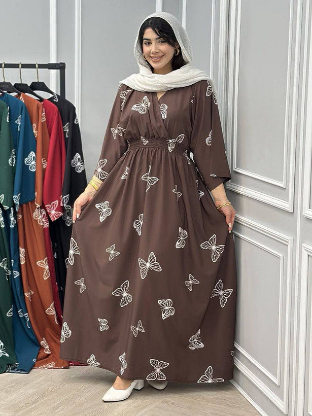 پیراهن ماکسی زنانه طرح پروانه مدل کمرکش فیری سایز