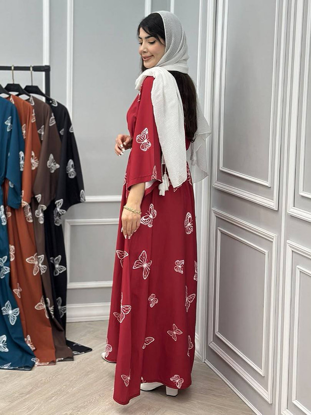 پیراهن ماکسی زنانه طرح پروانه مدل کمرکش فیری سایز